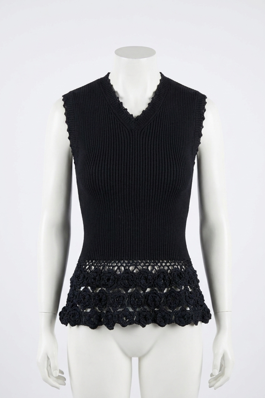 NEW GANNI cotton crochet vest in black